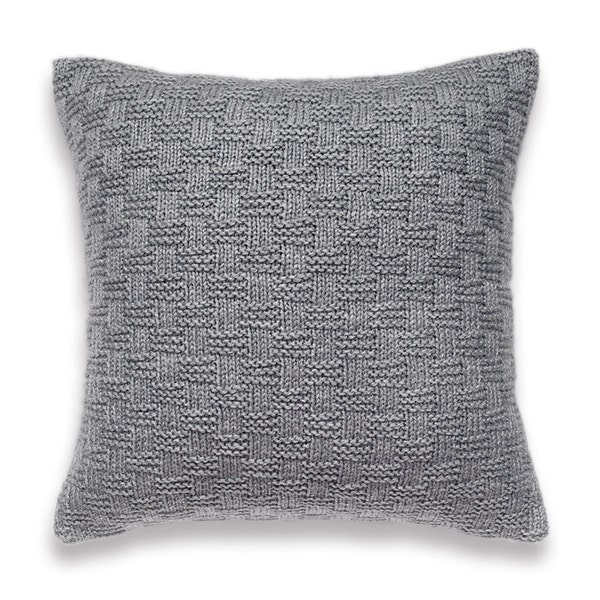 Basket Weave Knit Pillow Cover In Grey 16 inch Textured Wool Hand Dyed Linen