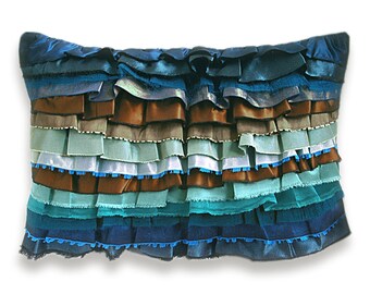 Rust Aqua Duck Egg Blue Teal Turquoise Bohemian Ruffle Pillow Case 12 x 18 in CARMEN DESIGN OOAK