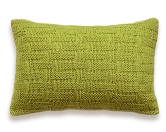 Basket Weave Hand Knit Pillow Cover In Pistachio Green Lime Citron Yellow-green 12 x 18 inch Textured Wool Natural Linen