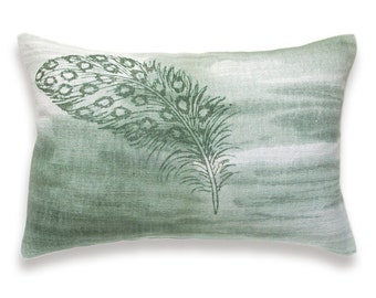 Bottle Green White Feather Print Lumbar Pillow Cover 12x18 inch Natural Linen One Of A Kind