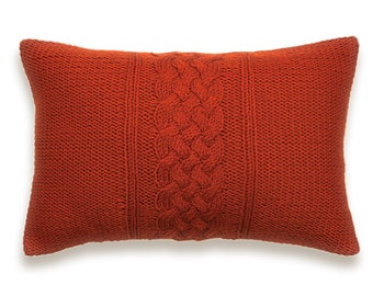 Cable Knit Pillow Cover In Terracotta Red 12x18 inch Textured Wool Naural Linen Lumbar Cushion