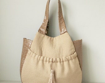 Beige Tan Fabric Vegan Leather Tassel Bag / Shoulder Bag / Hobo Purse LORETTA STYLE One-of-a-kind  Embossed Reptile Textured Vegan Leather