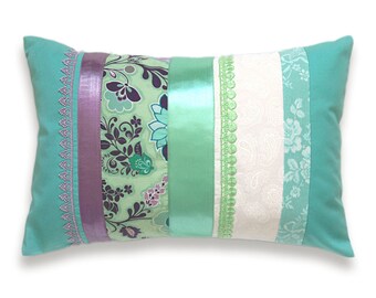 Aqua Blue Mint Green Turquoise Mauve Lumbar Pillow Case 12 x 18 in IRMA DESIGN Limited Edition