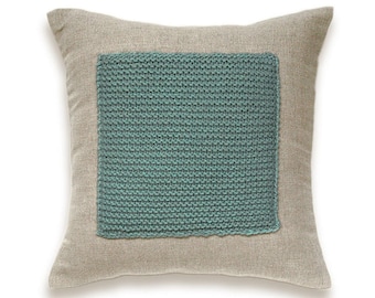 Color Block Linen Knit Pillow Cover In Duck Egg Blue Flax Beige 16 inch Decorative Wool Cushion Garter Stitch