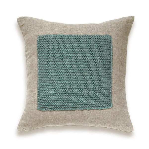 Color Block Linen Knit Pillow Cover In Duck Egg Blue Flax Beige 16 inch Decorative Wool Cushion Garter Stitch