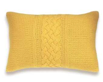 Decorative Cable Knit Pillow Cover In Yellow 12x18 inch Wool Linen Lumbar Cushion