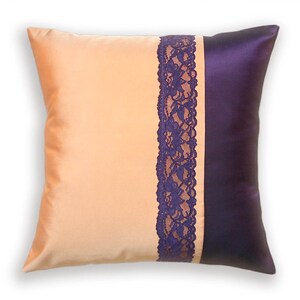 Decorative Throw Pillow Case 16 inch Taffeta and Lace Cushion Cover in Peach and Eggplant SELINE DESIGN