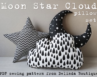 Moon Star Cloud Pillows PDF Sewing Pattern 2 sizes (12" and 20") INSTANT Download 3 easy sewing patterns DIY baby gift plushie girl boy kids