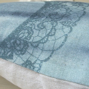 Pastel Blue White Lace Print Lumbar Pillow Cover 12x18 inch Natural Linen OOAK image 4