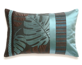 Robin Egg Blue Dark Chocolate Brown Lumbar Pillow Case 12 x 18 in IRMA DESIGN Limited Edition split leaf philodendron