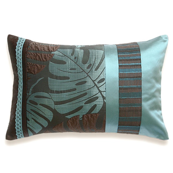 Robin Egg Blue Dark Chocolate Brown Lumbar Pillow Case 12 x 18 in IRMA DESIGN Limited Edition split leaf philodendron