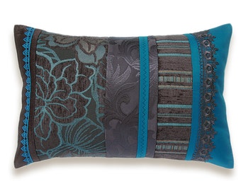 Teal Blue Dark Chocolate Brown Lumbar Pillow Case 12 x 18 in IRMA DESIGN Limited Edition