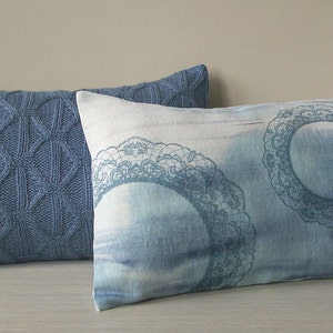 Pastel Blue White Lace Print Lumbar Pillow Cover 12x18 inch Natural Linen OOAK image 5