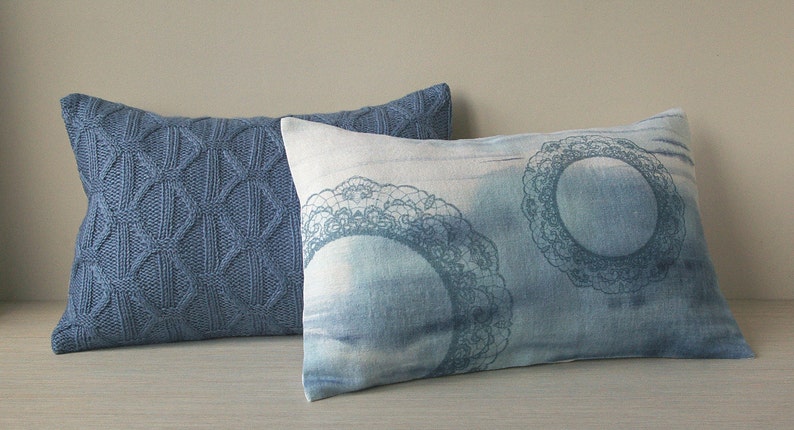 Pastel Blue White Lace Print Lumbar Pillow Cover 12x18 inch Natural Linen OOAK image 5