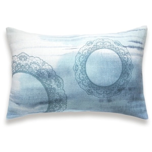 Pastel Blue White Lace Print Lumbar Pillow Cover 12x18 inch Natural Linen OOAK image 1
