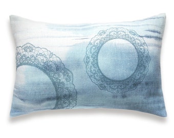 Pastel Blue White Lace Print Lumbar Pillow Cover 12x18 inch Natural Linen OOAK