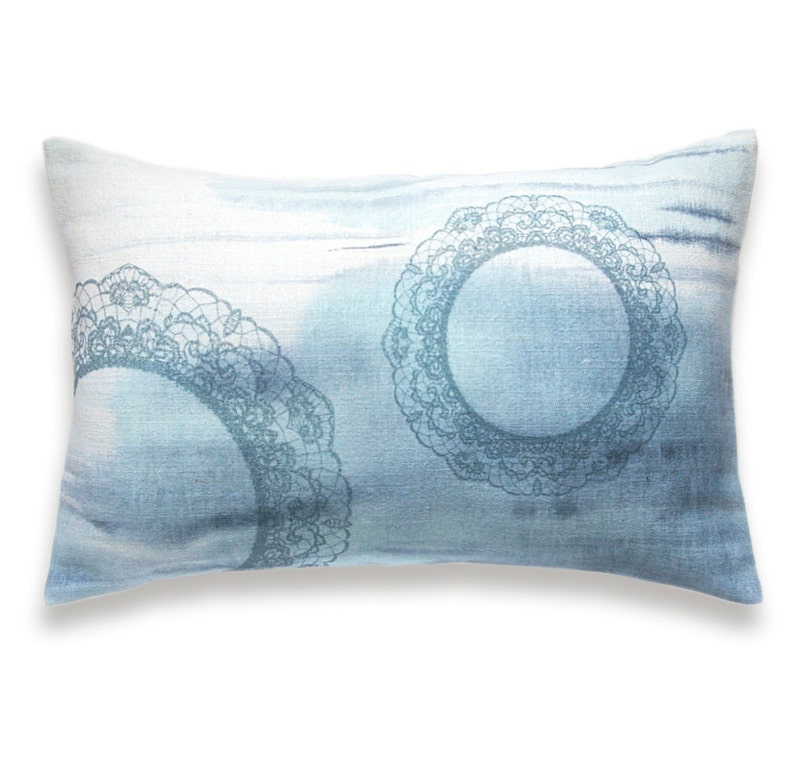 Pastel Blue White Lace Print Lumbar Pillow Cover 12x18 inch Natural Linen OOAK image 1