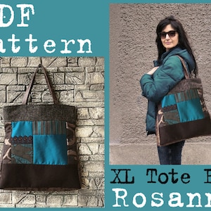 May include: PDF pattern for a large tote bag called "Rosanna". The bag is brown with a patchwork design featuring blue, brown, and white fabrics. The bag has a brown leather handle.