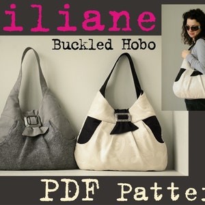 May include: Two fabric hobo bags with a buckle closure. The bag on the left is gray with a black fabric detail. The bag on the right is white with black fabric details. The text "Liliane Buckled Hobo PDF Pattern" is at the top of the image.