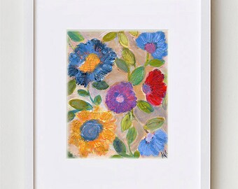 Abstract Floral Painting, Primitive Flowers Art Print 8x10", Contemporary Bohemian Floral Art for Home Decor #1