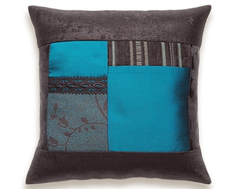 Teal Blue Chocolate Brown Accent Pillow Case OOAK 16 in IRMA DESIGN