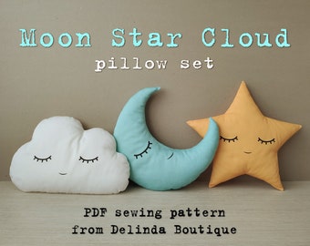 Moon Star Cloud Pillows PDF Sewing Pattern 2 sizes (12" and 20") INSTANT Download 3 easy sewing patterns DIY baby gift plushie girl boy kids