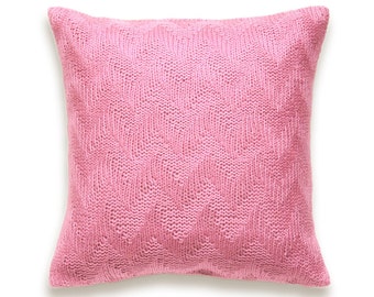 Chevron Knit Pillow Cover In Pink 16 x 16 inch Garter Stitch Wool Natural Linen