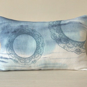 Pastel Blue White Lace Print Lumbar Pillow Cover 12x18 inch Natural Linen OOAK image 2