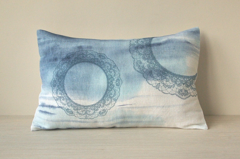 Pastel Blue White Lace Print Lumbar Pillow Cover 12x18 inch Natural Linen OOAK image 2