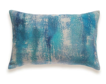 Aqua Cyan Cobalt Denim Blue Beige Decorative Lumbar Pillow Cover 12x18 inch Natural Linen One Of A Kind
