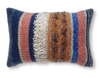 Multi-color Knit Pillow Cover Off White Cream Flax Beige Royal Cobalt Navy Blue Rust Orange Coral Red 12 x 18 inch Wool Linen