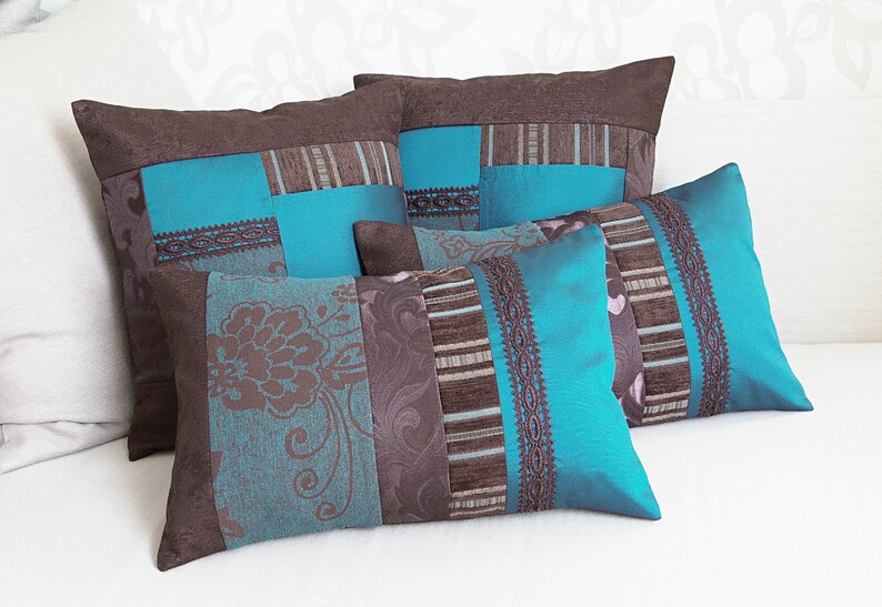 Teal Blue Chocolate Brown Accent Pillow Case OOAK 16 in IRMA - Etsy