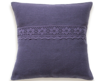 Eggplant Purple Linen Decorative Throw Pillow Cushion Cover Lace Trim 18 inch Square Hand Dyed FIONA DESIGN