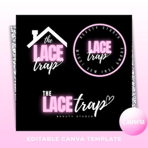 Puede incluir: Plantilla Canva editable para un estudio de belleza llamado "The Lace Trap". El logotipo presenta una casa rosa y blanca con el texto "The Lace Trap" en su interior. También hay un logotipo circular rosa y blanco con el texto "Lace Trap" en su interior. El texto "Beauty Studio" también está incluido en el diseño.