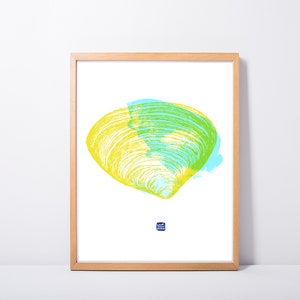 May include: A framed print of a yellow and green seashell with a blue and green watercolor background.