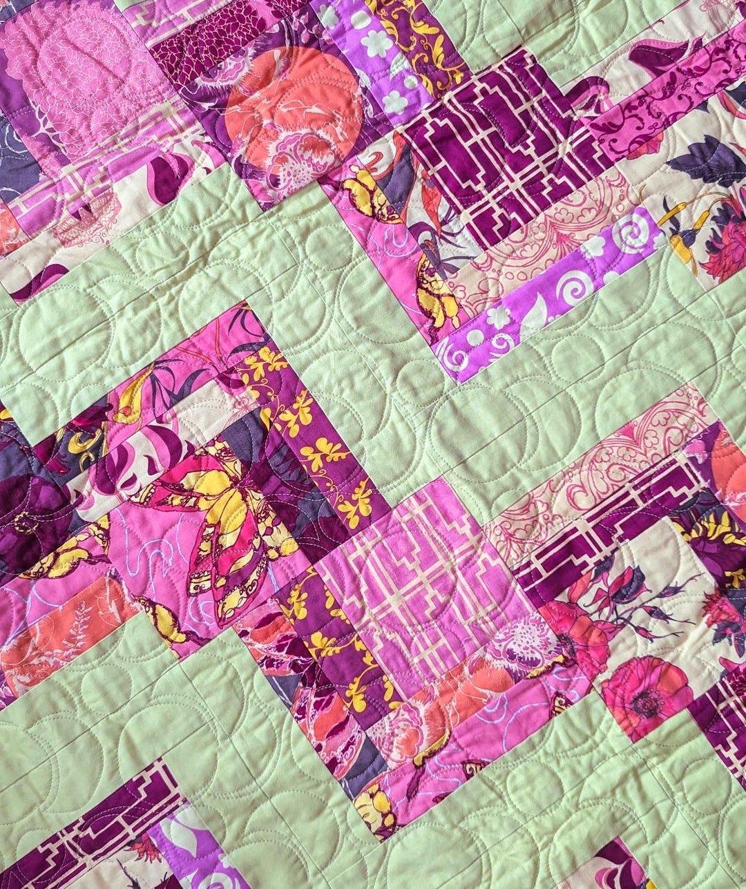 Handmade Floral Patchwork Quilt: Modern Pink & Green Throw (56x77) - Etsy