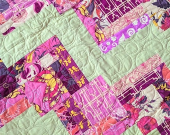 Handmade Floral Patchwork Quilt: Modern Pink & Green Throw (56x77)