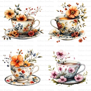 13 Floral Tea Cup Clipart Bundle, Set of 13 Transparent PNGs,  Digital Download, Free Commercial Use, Printable Watercolor Floral Tea Cups