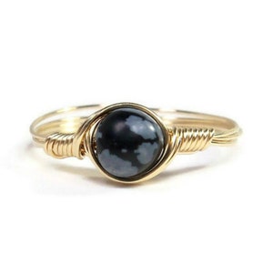 Snowflake Obsidian Ring, Stone Ring, 14k Yellow Gold Fill Ring, Wire Wrapped Ring, Custom Sized Ring