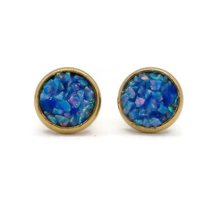 Blue Cotton Candy Synthetic Crushed Opal 8mm Gold Plated Stainless Steel Stud Earrings