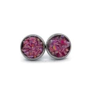 Pink Aurora Synthetic Crushed Opal 8mm Stainless Steel Stud Earrings