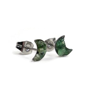 Crescent Moon Crushed Green Emerald Stone Hypoallergenic Stainless Steel Stud Earrings May Birthstone