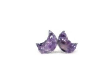 Purple Amethyst Moon Stud Earrings Crushed Stone Hypoallergenic Stainless Steel Stud Earrings February Birthstone