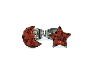 Moon & Star Stud Earrings Red Jasper Crushed Stone Hypoallergenic Stainless Steel Stud Earrings