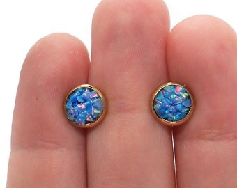 Blue Cotton Candy Synthetic Crushed Opal 6mm Rose Gold Plated Stainless Steel Stud Earrings