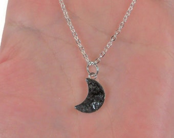 Black Tourmaline Moon Silver Plated 18" Crushed Stone Necklace