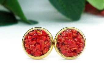 Red Magma Synthetic Crushed Opal 8mm Gold Plated Stainless Steel Stud Earrings