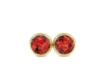 Red Magma Synthetic Crushed Opal 6mm Gold Plated Stainless Steel Stud Earrings