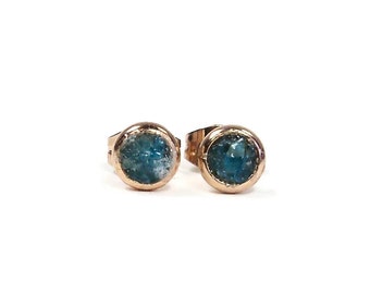 Blue Apatite Crushed Stone 4mm Rose Gold Plated Stud Earrings