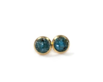 Blue Apatite Crushed Stone 6mm Gold Plated Stainless Steel Stud Earrings